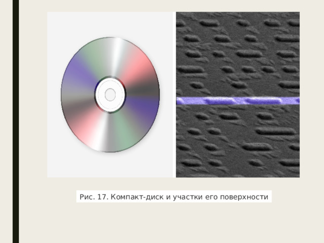 Рис. 17. Компакт-диск и участки его поверхности 