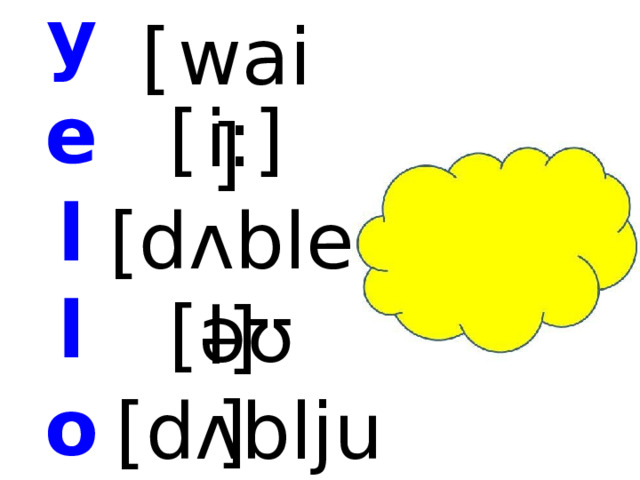 y e l l o w [  wai] [  i:] [dʌblel] [əʊ] [dʌblju:]  