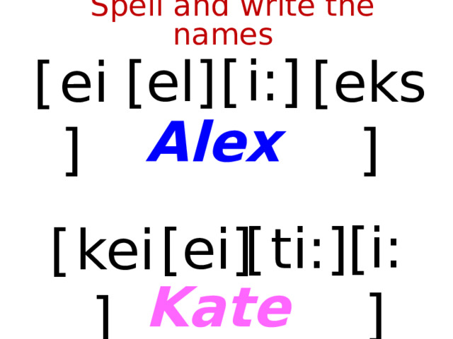  Spell and write the names [  i:] [el] [  ei] [eks] Alex [i:] [  ti:] [ei] [  kei] Kate  