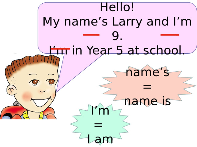 Hello! My name’s Larry and I’m 9. I’m in Year 5 at school. name’s = name is I’m = I am  
