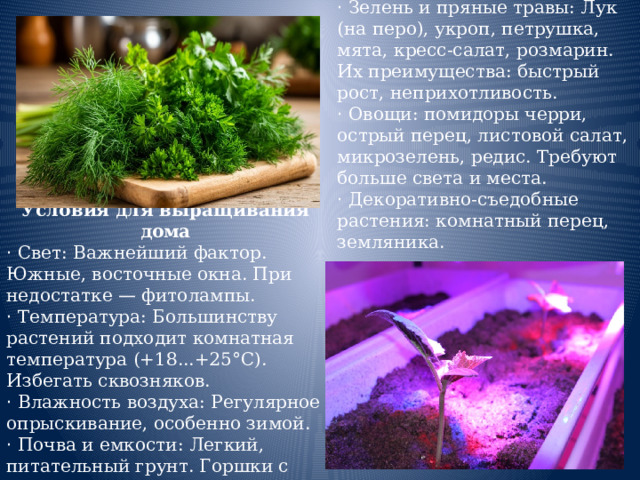 Что можно выростить · Зелень и пряные травы: Лук (на перо), укроп, петрушка, мята, кресс-салат, розмарин. Их преимущества: быстрый рост, неприхотливость. · Овощи: помидоры черри, острый перец, листовой салат, микрозелень, редис. Требуют больше света и места. · Декоративно-съедобные растения: комнатный перец, земляника. Условия для выращивания дома · Свет: Важнейший фактор. Южные, восточные окна. При недостатке — фитолампы. · Температура: Большинству растений подходит комнатная температура (+18...+25°C). Избегать сквозняков. · Влажность воздуха: Регулярное опрыскивание, особенно зимой. · Почва и емкости: Легкий, питательный грунт. Горшки с дренажными отверстиями. 