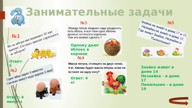 Занимательные задачи № 5 № 3 № 1 Одному дают яблоко в корзине № 4 Ответ: 5 Знайка живет в доме 14 Незнайка – в доме 17 Пилюлькин – в доме 19 № 2 Ответ: 4 кг Ответ: 4 минуты 