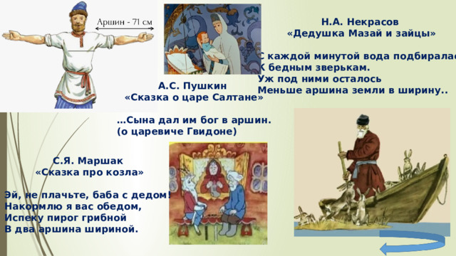 Н.А. Некрасов «Дедушка Мазай и зайцы»  С каждой минутой вода подбиралась К бедным зверькам. Уж под ними осталось Меньше аршина земли в ширину.. А.С. Пушкин «Сказка о царе Салтане»  … Сына дал им бог в аршин. (о царевиче Гвидоне) С.Я. Маршак «Сказка про козла»  Эй, не плачьте, баба с дедом! Накормлю я вас обедом, Испеку пирог грибной В два аршина шириной. 