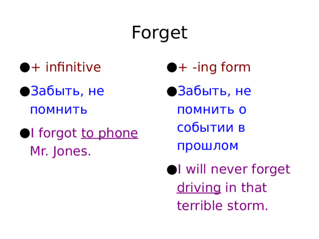 Forget + infinitive Забыть, не помнить I forgot to phone Mr. Jones. + -ing form Забыть, не помнить о событии в прошлом I will never forget driving in that terrible storm. 