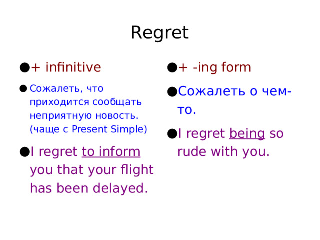 Regret + infinitive + -ing form Сожалеть о чем-то. I regret being so rude with you. Сожалеть, что приходится сообщать неприятную новость. (чаще с Present Simple) I regret to inform you that your flight has been delayed. 