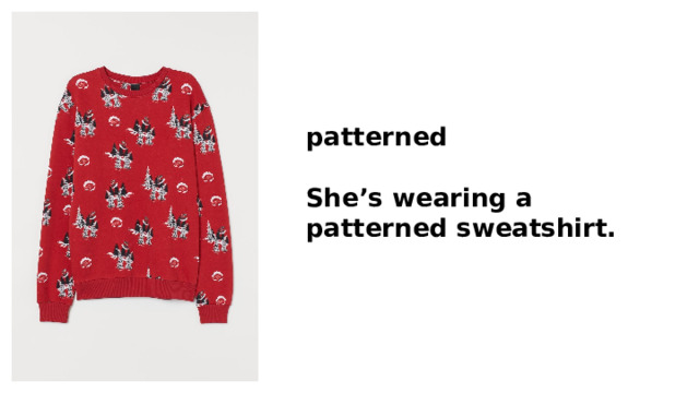 patterned  She’s wearing a patterned sweatshirt. 