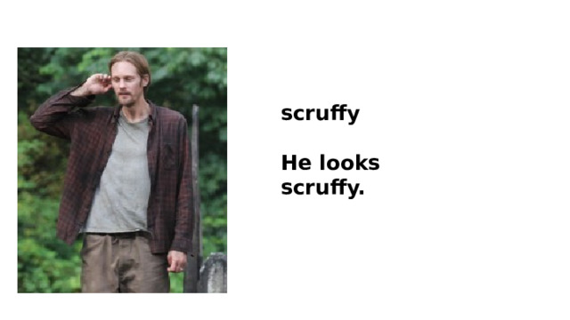 scruffy  He looks scruffy. 