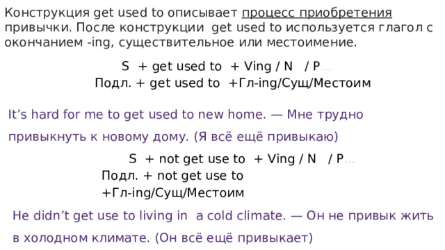 Конструкция get used to описывает процесс приобретения привычки. После конструкции get used to используется глагол с окончанием -ing, существительное или местоимение.  S + get used to + Ving / N / P ... Подл. + get used to +Гл-ing/Сущ/Местоим It’s hard for me to get used to new home. — Мне трудно привыкнуть к новому дому. (Я всё ещё привыкаю)  S + not get use to + Ving / N / P ... Подл. + not get use to +Гл-ing/Сущ/Местоим He didn’t get use to living in a cold climate. — Он не привык жить в холодном климате. (Он всё ещё привыкает) 