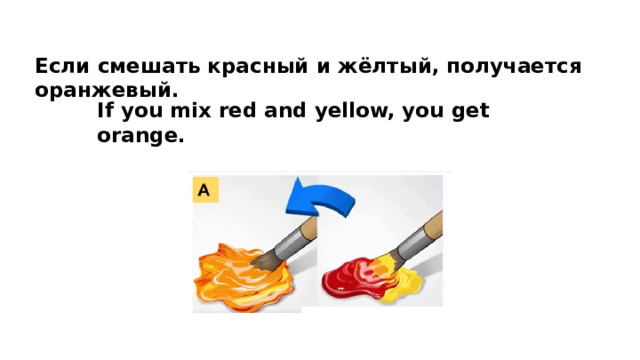 Если смешать красный и жёлтый, получается оранжевый. If you mix red and yellow, you get orange. 