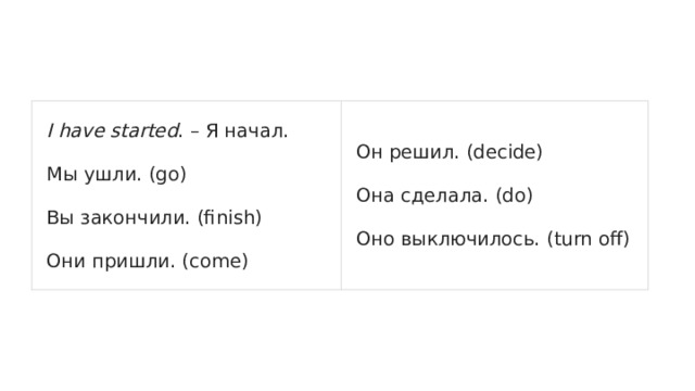 I have started . – Я начал. Мы ушли. (go) Он решил. (decide) Вы закончили. (finish) Она сделала. (do) Они пришли. (come) Оно выключилось. (turn off) 