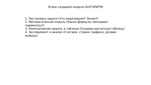 Этапы создания модели (АЛГОРИТМ) 1. Постановка задачи (Что моделируем? Зачем?) 2. Математическая модель (Какие формулы связывают параметры?) 3. Компьютерная модель в таблице (Создаем расчетную таблицу) 4. Эксперимент и анализ (Считаем, строим графики, делаем выводы) 