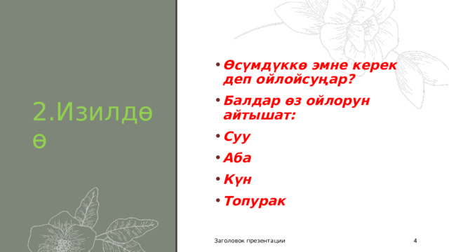 2.Изилдөө Өсүмдүккө эмне керек деп ойлойсуңар? Балдар өз ойлорун айтышат: Суу Аба Күн Топурак Заголовок презентации 1 