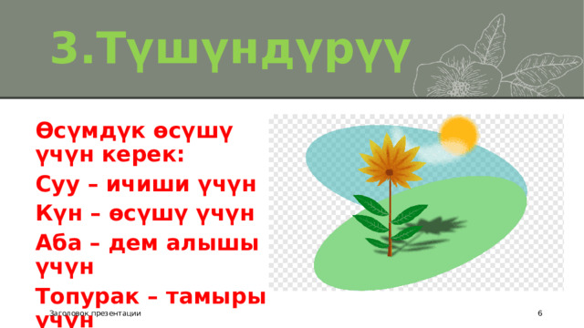 3.Түшүндүрүү Өсүмдүк өсүшү үчүн керек: Суу – ичиши үчүн Күн – өсүшү үчүн Аба – дем алышы үчүн Топурак – тамыры үчүн Заголовок презентации 1 