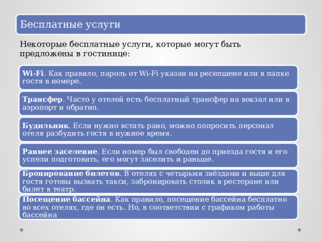 Бесплатные услуги Некоторые бесплатные услуги, которые могут быть предложены в гостинице: Wi-Fi . Как правило, пароль от Wi-Fi указан на ресепшене или в папке гостя в номере. Трансфер . Часто у отелей есть бесплатный трансфер на вокзал или в аэропорт и обратно. Будильник . Если нужно встать рано, можно попросить персонал отеля разбудить гостя в нужное время. Раннее заселение . Если номер был свободен до приезда гостя и его успели подготовить, его могут заселить и раньше. Бронирование билетов . В отелях с четырьмя звёздами и выше для гостя готовы вызвать такси, забронировать столик в ресторане или билет в театр. Посещение бассейна . Как правило, посещение бассейна бесплатно во всех отелях, где он есть. Но, в соответствии с графиком работы бассейна 