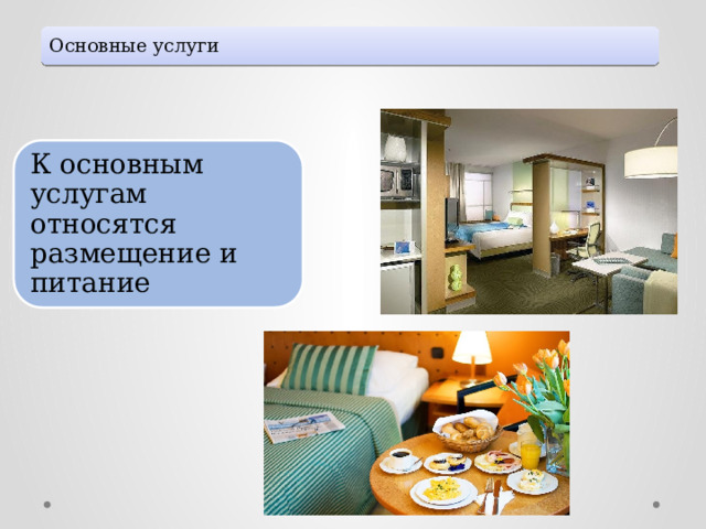 Основные услуги К основным услугам относятся размещение и питание 