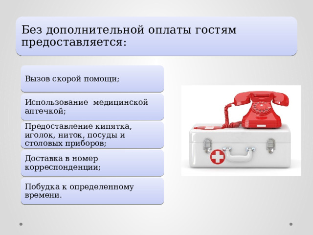 Без дополнительной оплаты гостям предоставляется: Вызов скорой помощи; Использование медицинской аптечкой; Предоставление кипятка, иголок, ниток, посуды и столовых приборов; Доставка в номер корреспонденции; Побудка к определенному времени. 