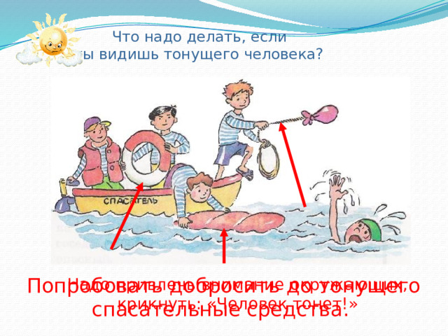  Что надо делать, если  ты видишь тонущего человека?   Попробовать добросить до тонущего спасательные средства.   Надо привлечь внимание окружающих, крикнуть: «Человек тонет!» 