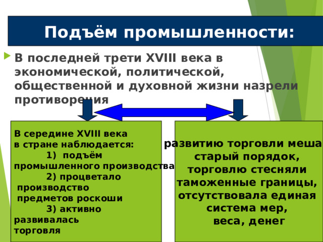 Подъём промышленности: В последней трети XVIII века в экономической, политической, общественной и духовной жизни назрели противоречия В середине XVIII века в стране наблюдается:  1) подъём промышленного производства  2) процветало  производство  предметов роскоши  3) активно развивалась торговля развитию торговли мешал старый порядок, торговлю стесняли таможенные границы, отсутствовала единая система мер, веса, денег 