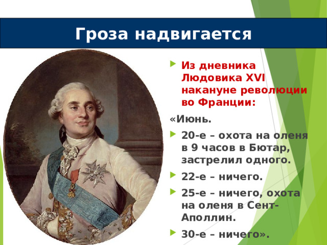 Гроза надвигается Из дневника Людовика XVI накануне революции во Франции:  «Июнь. 20-е – охота на оленя в 9 часов в Бютар, застрелил одного. 22-е – ничего. 25-е – ничего, охота на оленя в Сент-Аполлин. 30-е – ничего».  