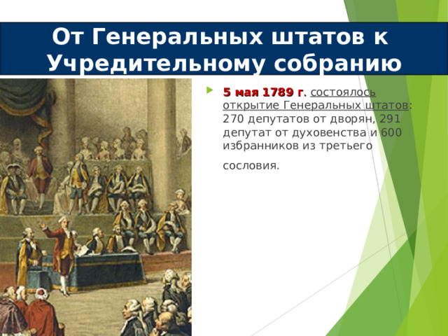 От Генеральных штатов к Учредительному собранию 5 мая 1789 г .  состоялось открытие Генеральных штатов : 270 депутатов от дворян, 291 депутат от духовенства и 600 избранников из третьего сословия.  