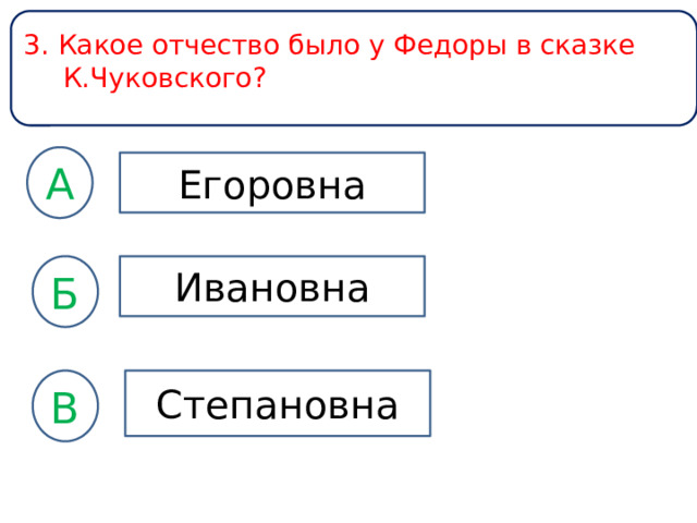 3. Какое отчество было у Федоры в сказке К.Чуковского? А Егоровна Ивановна Б Степановна В 