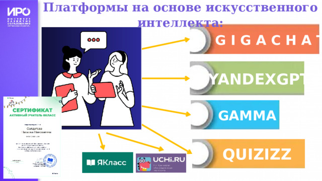 Платформы на основе искусственного интеллекта: G I G A C H A T YANDEXGPT 3 GAMMA QUIZIZZ 