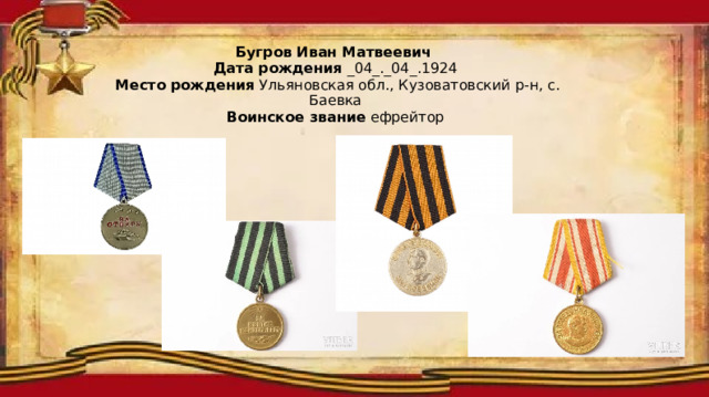 Бугров Иван Матвеевич    Дата рождения   _04_._04_.1924   Место рождения   Ульяновская обл., Кузоватовский р-н, с. Баевка   Воинское звание   ефрейтор   