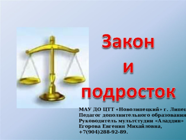 МАУ ДО ЦТТ «Новолипецкий» г. Липецка Педагог дополнительного образования Руководитель мультстудии «Аладдин» Егорова Евгения Михайловна, +7(904)288-92-89. 