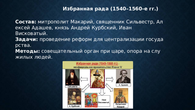   Избранная рада (1540–1560-е гг.) Состав:  митрополит Макарий, священник Сильвестр, Алексей Адашев, князь Андрей Курбский, Иван Висковатый. Задачи:  проведение реформ для централизации государства. Методы:  совещательный орган при царе, опора на служилых людей. 
