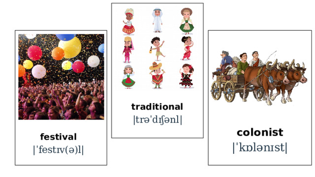 traditional |trəˈdɪʃənl| colonist |ˈkɒlənɪst| festival |ˈfestɪv(ə)l| 