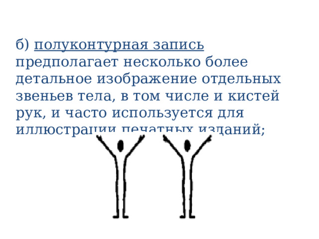 б) полуконтурная запись предполагает несколько более детальное изображение отдельных звеньев тела, в том числе и кистей рук, и часто используется для иллюстрации печатных изданий;     