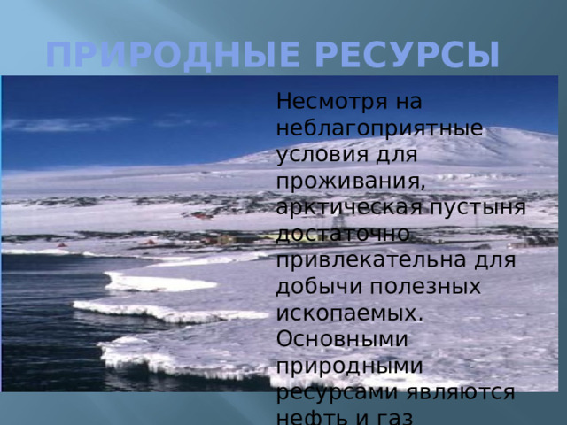 Природные ресурсы Несмотря на неблагоприятные условия для проживания, арктическая пустыня достаточно привлекательна для добычи полезных ископаемых. Основными природными ресурсами являются нефть и газ 