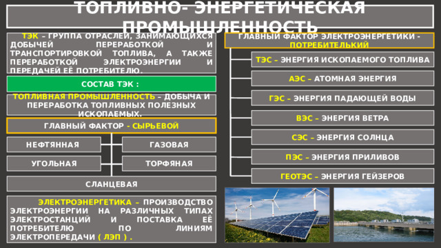 ТОПЛИВНО- ЭНЕРГЕТИЧЕСКАЯ ПРОМЫШЛЕННОСТЬ ГЛАВНЫЙ ФАКТОР ЭЛЕКТРОЭНЕРГЕТИКИ - ПОТРЕБИТЕЛЬКИЙ  ТЭК – ГРУППА ОТРАСЛЕЙ, ЗАНИМАЮЩИХСЯ ДОБЫЧЕЙ ПЕРЕРАБОТКОЙ И ТРАНСПОРТИРОВКОЙ ТОПЛИВА, А ТАКЖЕ ПЕРЕРАБОТКОЙ ЭЛЕКТРОЭНЕРГИИ И ПЕРЕДАЧЕЙ ЕЁ ПОТРЕБИТЕЛЮ. ТЭС – ЭНЕРГИЯ ИСКОПАЕМОГО ТОПЛИВА АЭС – АТОМНАЯ ЭНЕРГИЯ СОСТАВ ТЭК : ГЭС – ЭНЕРГИЯ ПАДАЮЩЕЙ ВОДЫ ТОПЛИВНАЯ ПРОМЫШЛЕННОСТЬ – ДОБЫЧА И ПЕРЕРАБОТКА ТОПЛИВНЫХ ПОЛЕЗНЫХ ИСКОПАЕМЫХ. ВЭС – ЭНЕРГИЯ ВЕТРА ГЛАВНЫЙ ФАКТОР - СЫРЬЕВОЙ СЭС – ЭНЕРГИЯ СОЛНЦА ГАЗОВАЯ НЕФТЯННАЯ ПЭС – ЭНЕРГИЯ ПРИЛИВОВ ТОРФЯНАЯ УГОЛЬНАЯ ГЕОТЭС – ЭНЕРГИЯ ГЕЙЗЕРОВ СЛАНЦЕВАЯ  ЭЛЕКТРОЭНЕРГЕТИКА – ПРОИЗВОДСТВО ЭЛЕКТРОЭНЕРГИИ НА РАЗЛИЧНЫХ ТИПАХ ЭЛЕКТРОСТАНЦИЙ И ПОСТАВКА ЕЁ ПОТРЕБИТЕЛЮ ПО ЛИНИЯМ ЭЛЕКТРОПЕРЕДАЧИ ( ЛЭП ) . 