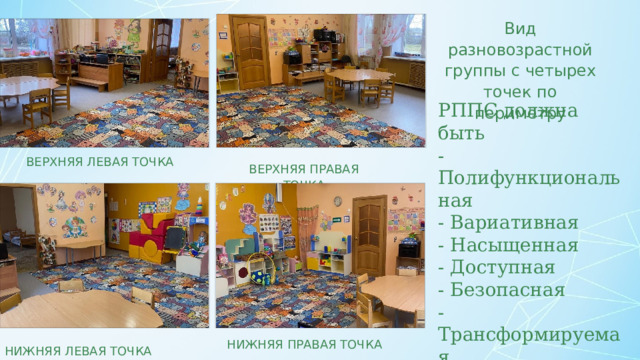 Вид разновозрастной группы с четырех точек по периметру РППС должна быть - Полифункциональная - Вариативная - Насыщенная - Доступная - Безопасная - Трансформируемая ВЕРХНЯЯ ЛЕВАЯ ТОЧКА ВЕРХНЯЯ ПРАВАЯ ТОЧКА Нижняя левая точка НИЖНЯЯ ПРАВАЯ ТОЧКА  