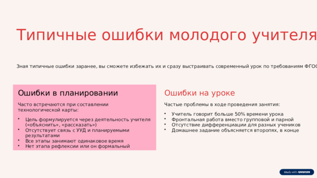Типичные ошибки молодого учителя Зная типичные ошибки заранее, вы сможете избежать их и сразу выстраивать современный урок по требованиям ФГОС. Ошибки в планировании Ошибки на уроке Часто встречаются при составлении технологической карты: Частые проблемы в ходе проведения занятия: Учитель говорит больше 50% времени урока Фронтальная работа вместо групповой и парной Отсутствие дифференциации для разных учеников Домашнее задание объясняется второпях, в конце Цель формулируется через деятельность учителя («объяснить», «рассказать») Отсутствует связь с УУД и планируемыми результатами Все этапы занимают одинаковое время Нет этапа рефлексии или он формальный 