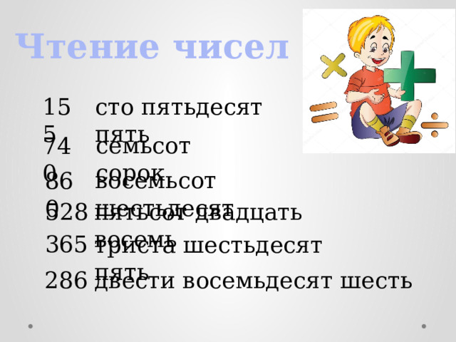 Чтение чисел сто пятьдесят пять 155 семьсот сорок 740 восемьсот шестьдесят 860 пятьсот двадцать восемь 528 365 триста шестьдесят пять 286 двести восемьдесят шесть 