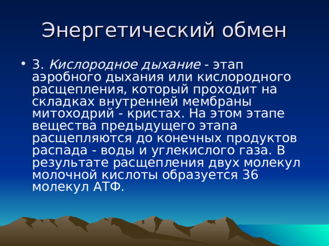 Энергетический обмен 3. Кислородное дыхание - этап аэробного дыхания или кислородного расщепления, который проходит на складках внутренней мембраны митоходрий - кристах. На этом этапе вещества предыдущего этапа расщепляются до конечных продуктов распада - воды и углекислого газа. В результате расщепления двух молекул молочной кислоты образуется 36 молекул АТФ. 