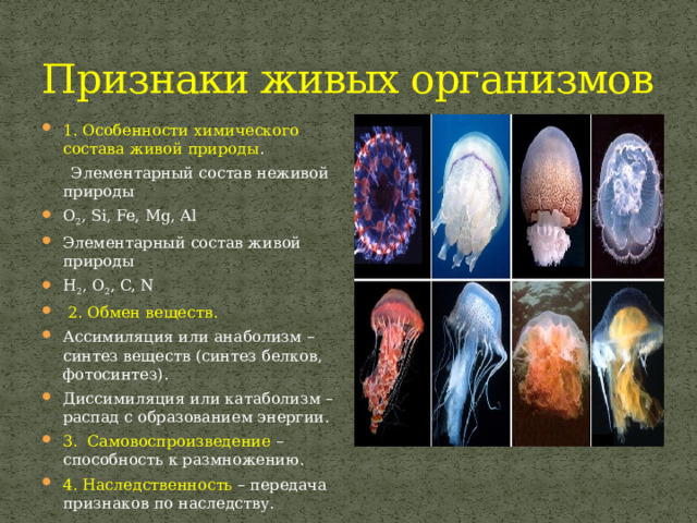 Признаки живых организмов 1. Особенности химического состава живой природы .  Элементарный состав неживой природы O 2 , Si, Fe, Mg, Al Элементарный состав живой природы H 2 , O 2 , C, N   2. Обмен веществ. Ассимиляция или анаболизм – синтез веществ (синтез белков, фотосинтез). Диссимиляция или катаболизм – распад с образованием энергии. 3. Самовоспроизведение – способность к размножению. 4. Наследственность – передача признаков по наследству. 