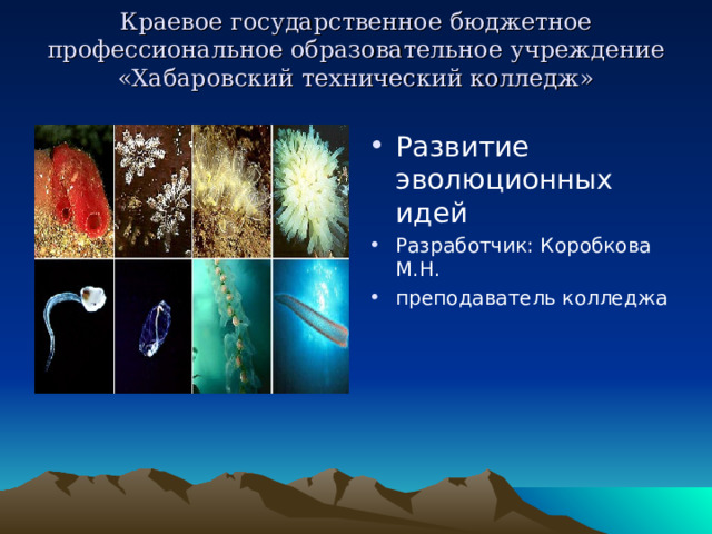 Краевое государственное бюджетное  профессиональное образовательное учреждение  «Хабаровский технический колледж»   Развитие эволюционных идей Разработчик: Коробкова М.Н. преподаватель колледжа 