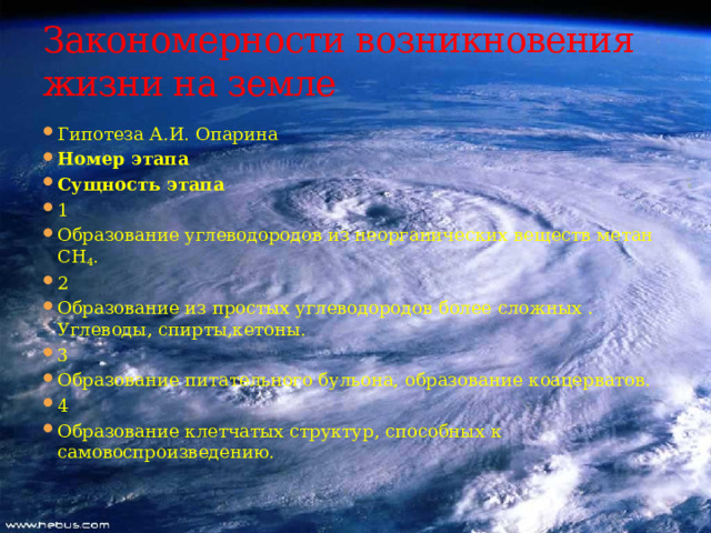 Закономерности возникновения жизни на земле Гипотеза А.И. Опарина Номер этапа Сущность этапа 1 Образование углеводородов из неорганических веществ метан CH 4 . 2 Образование из простых углеводородов более сложных . Углеводы, спирты,кетоны. 3 Образование питательного бульона, образование коацерватов. 4 Образование клетчатых структур, способных к самовоспроизведению. 