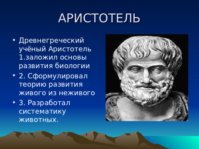 АРИСТОТЕЛЬ Древнегреческий учёный Аристотель 1.заложил основы развития биологии 2. Сформулировал теорию развития живого из неживого 3. Разработал систематику животных. 