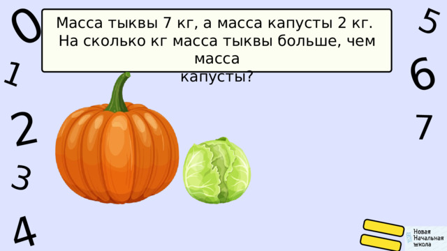 1 0 5 4 2 6 7 3 Масса тыквы 7 кг, а масса капусты 2 кг. На сколько кг масса тыквы больше, чем масса капусты? 