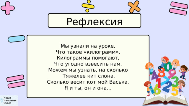 Рефлексия Мы узнали на уроке, Что такое «килограмм». Килограммы помогают, Что угодно взвесить нам. Можем мы узнать, на сколько  Тяжелее кит слона, Сколько весит кот мой Васька, Я и ты, он и она… 