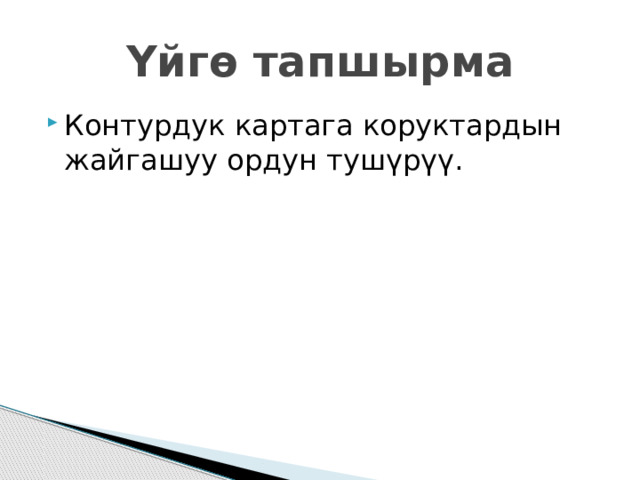 Үйгө тапшырма Контурдук картага коруктардын жайгашуу ордун тушүрүү. 