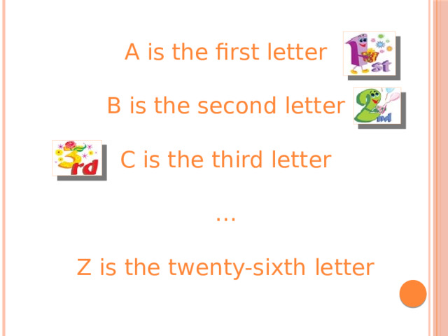 A is the first letter B is the second letter C is the third letter … Z is the twenty-sixth letter 