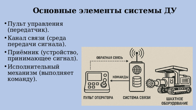 Основные элементы системы ДУ Пульт управления (передатчик). Канал связи (среда передачи сигнала). Приёмник (устройство, принимающее сигнал). Исполнительный механизм (выполняет команду). 