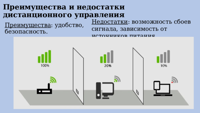 Преимущества и недостатки дистанционного управления   Недостатки : возможность сбоев сигнала, зависимость от источников питания . Преимущества : удобство, безопасность. 