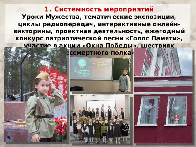 Системность мероприятий Уроки Мужества, тематические экспозиции, циклы радиопередач, интерактивные онлайн-викторины, проектная деятельность, ежегодный конкурс патриотической песни «Голос Памяти», участие в акции «Окна Победы», шествиях «Бессмертного полка»… 