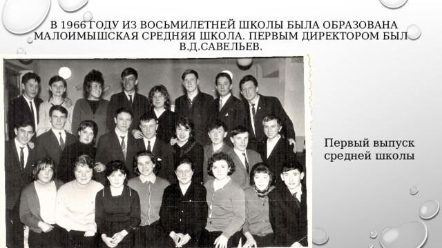  В 1966 году из восьмилетней школы была образована Малоимышская средняя школа. Первым директором был В.Д.Савельев.   Первый выпуск средней школы 