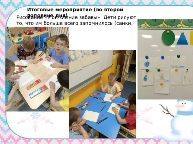Итоговые мероприятие (во второй половине дня) Рисование «Мои зимние забавы»: Дети рисуют то, что им больше всего запомнилось (санки, снеговика, снежки). 